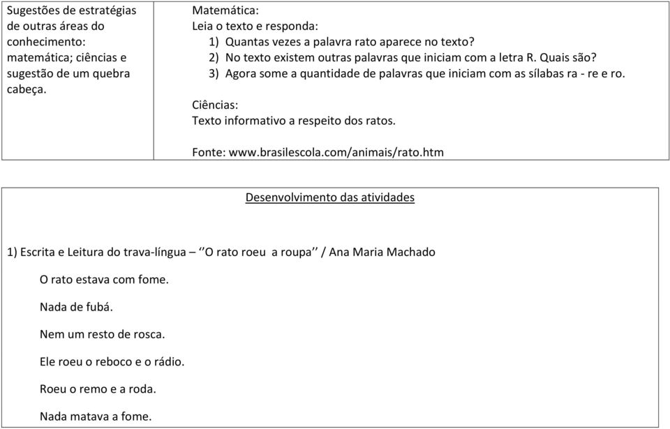 3) Agora some a quantidade de palavras que iniciam com as sílabas ra - re e ro. Ciências: Texto informativo a respeito dos ratos. Fonte: www.brasilescola.com/animais/rato.