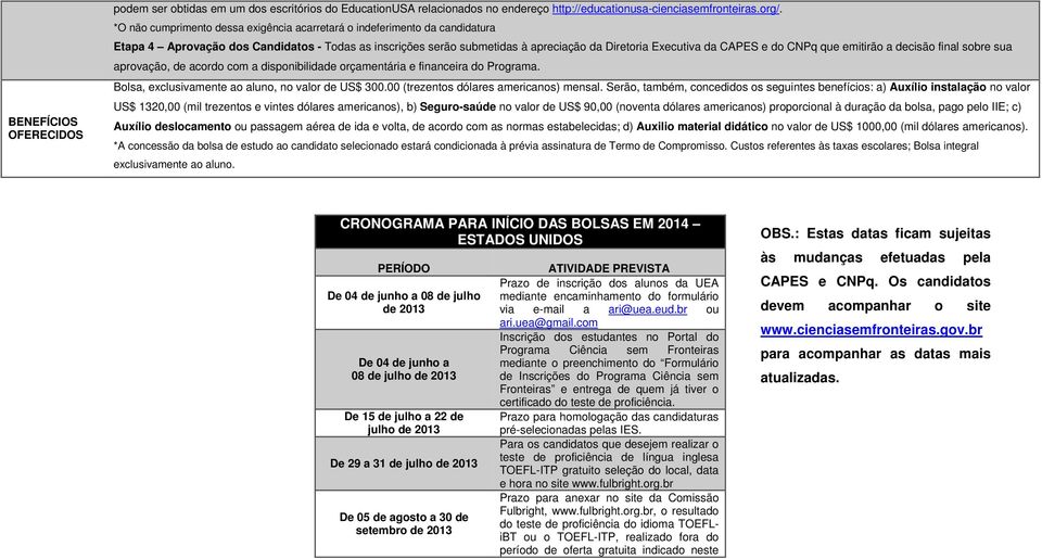 CNPq que emitirão a decisão final sobre sua aprovação, de acordo com a disponibilidade orçamentária e financeira do Programa. Bolsa, exclusivamente ao aluno, no valor de US$ 300.