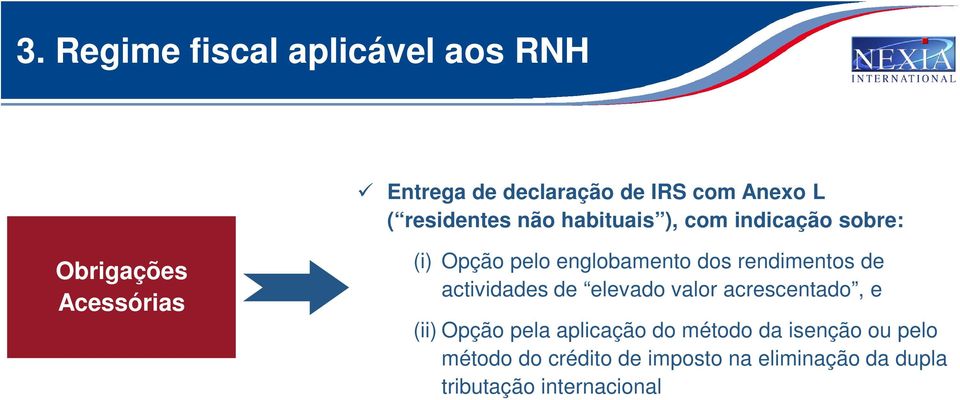 rendimentos de actividades de elevado valor acrescentado, e (ii) Opção pela aplicação do