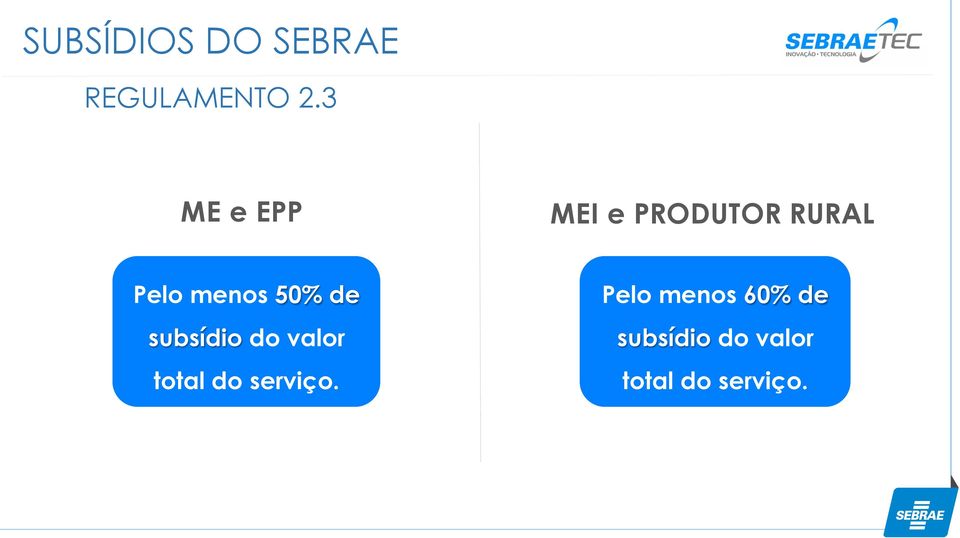 50% de subsídio do valor total do serviço.