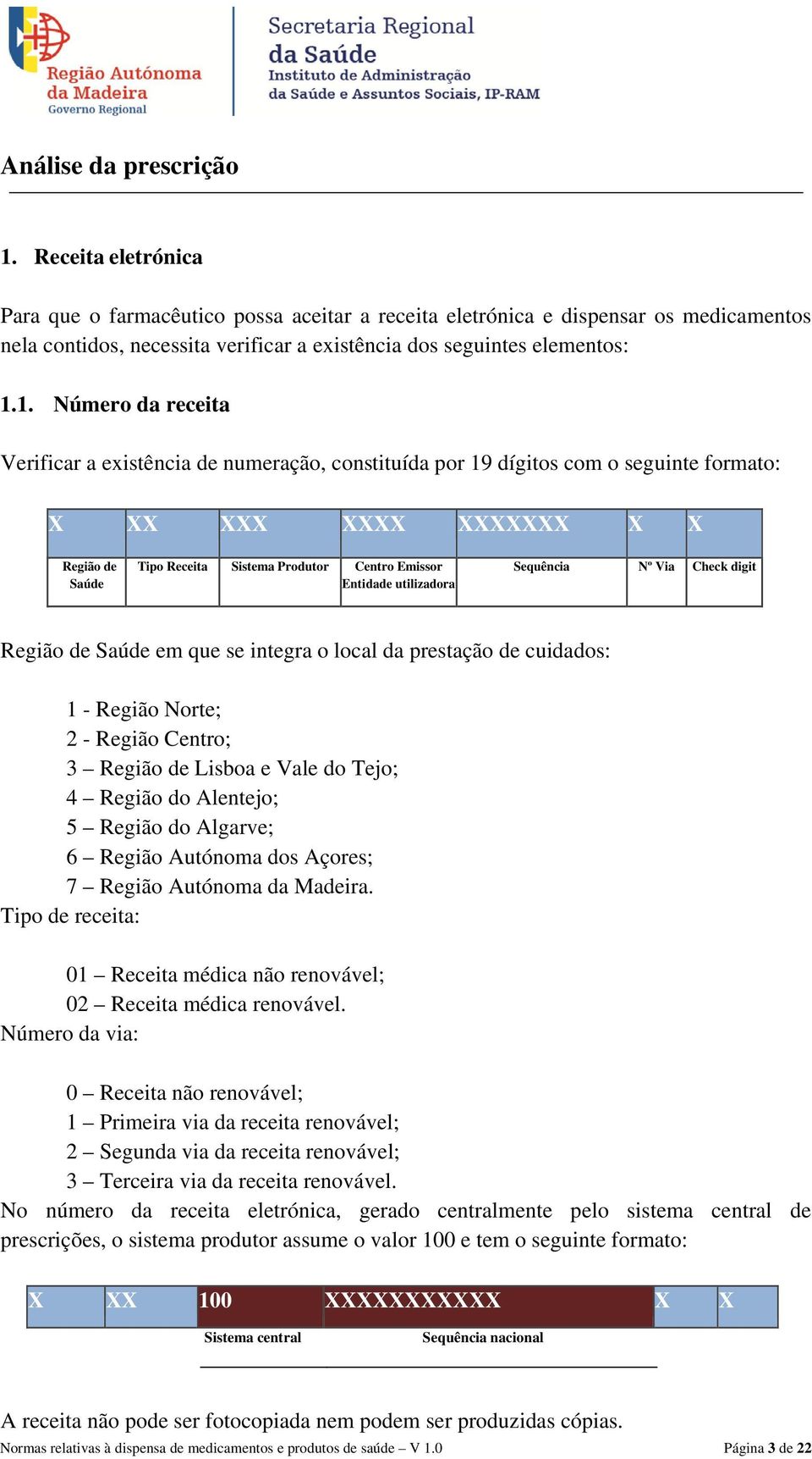 1. Número da receita Verificar a existência de numeração, constituída por 19 dígitos com o seguinte formato: X XX XXX XXXX XXXXXXX X X Região de Saúde Tipo Receita Sistema Produtor Centro Emissor