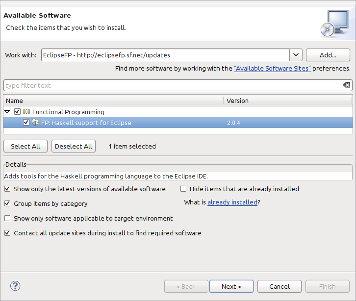 Agora, vamos instalar EclipseFP. Primeiro, no menu, vá para Help Install New Software... Na janela de software disponíveis, que irá aparecer, clique no botão Add.