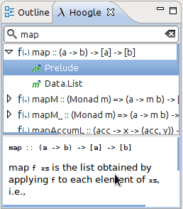 O Navegador Haskell permite que você navegue toda a sua coleção de pacotes e módulos. Tenha acesso a toda a documentação desses módulos dentro do IDE.