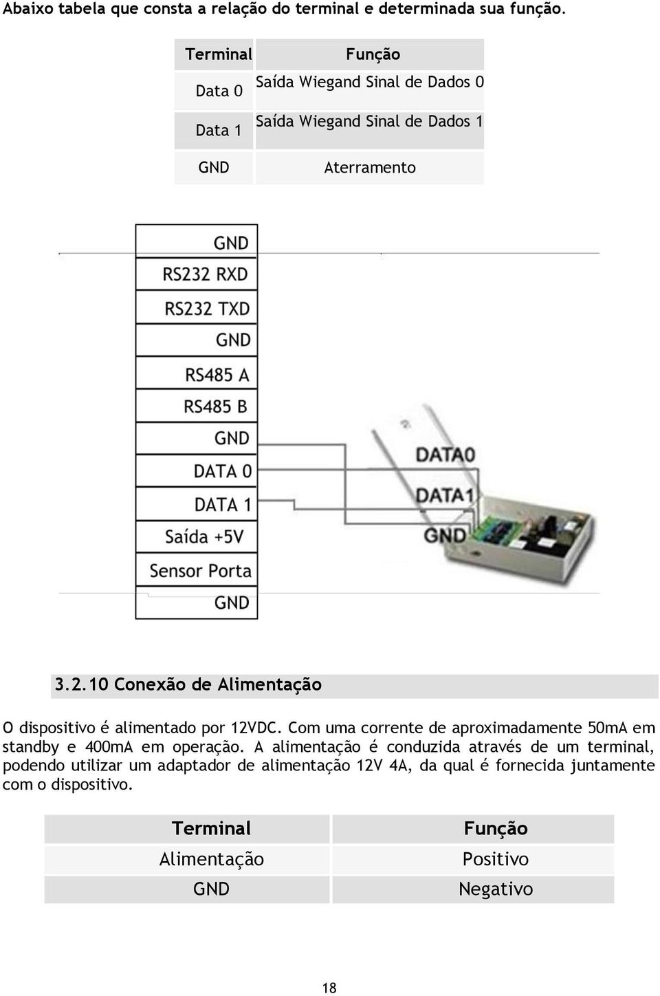 10 Conexão de Alimentação O dispositivo é alimentado por 12VDC.