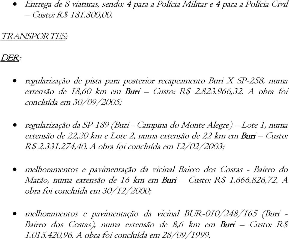A obra foi concluída em 30/09/2005; regularização da SP-189 (Buri - Campina do Monte Alegre) Lote 1, numa extensão de 22,20 km e Lote 2, numa extensão de 22 km em Buri Custo: R$ 2.331.274,40.