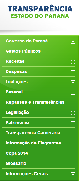 Informações sobre Receitas do Estado, acumuladas por mês corrente, relatórios e gráficos; Informações sobre Despesas, por Órgão, por Fonte, por Gráficos, por Audiências, etc; Informações sobre