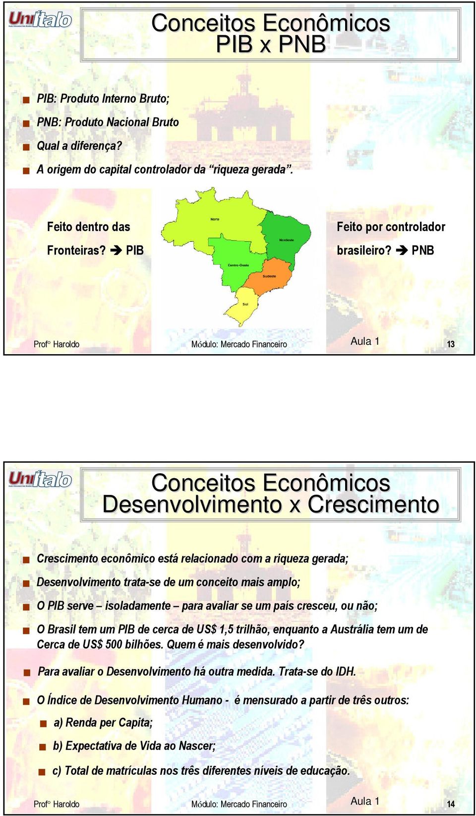PNB 13 Conceitos Econômicos Desenvolvimento x Crescimento Crescimento econômico está relacionado com a riqueza gerada; Desenvolvimento trata-se de um conceito mais amplo; O PIB serve isoladamente