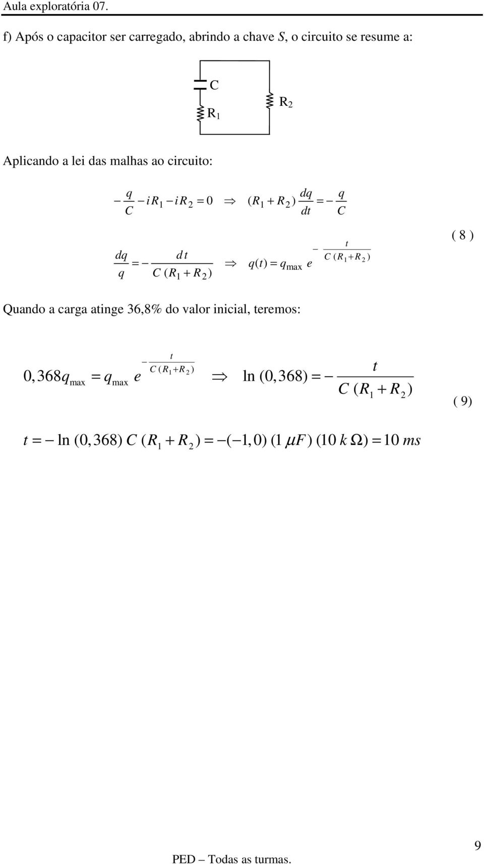 das malhas ao crcuo: 0 ( d + ) d d d ( + ) ( ) max ( + ) ( 8 ) Quando a carga