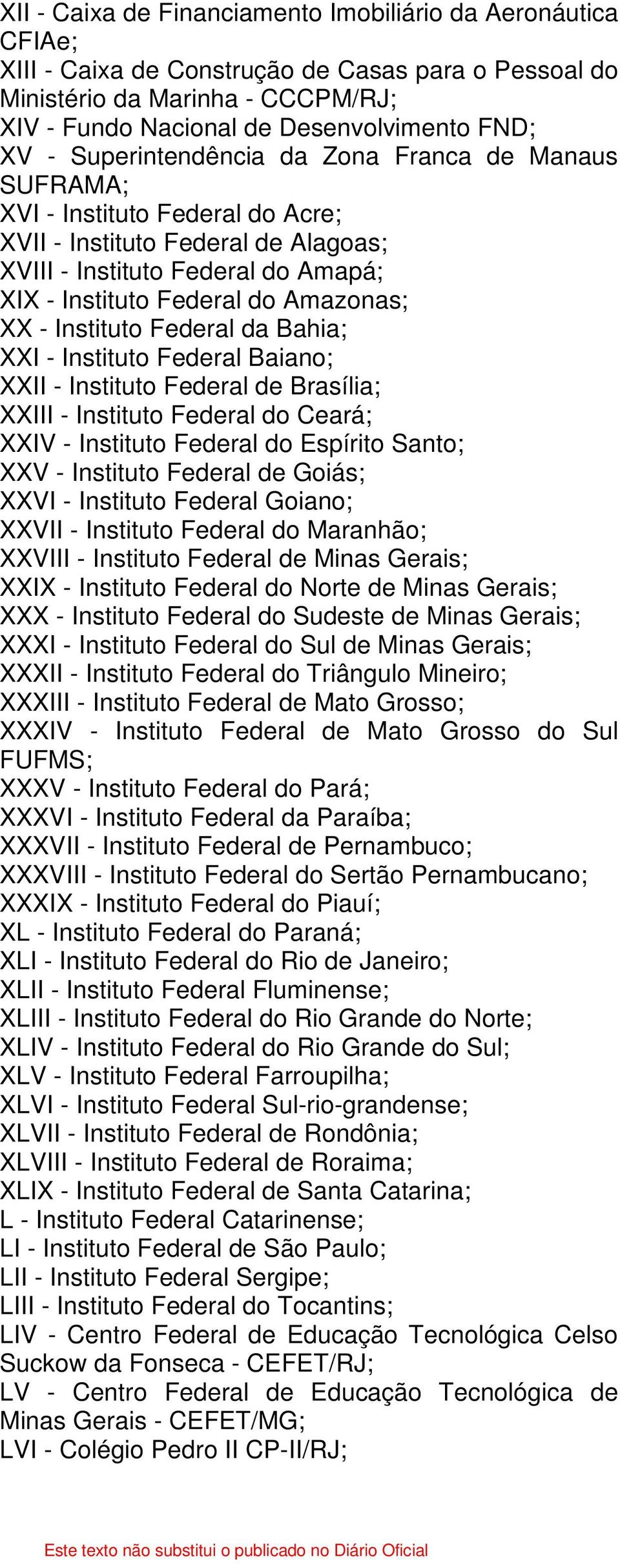 - Instituto Federal da Bahia; XXI - Instituto Federal Baiano; XXII - Instituto Federal de Brasília; XXIII - Instituto Federal do Ceará; XXIV - Instituto Federal do Espírito Santo; XXV - Instituto