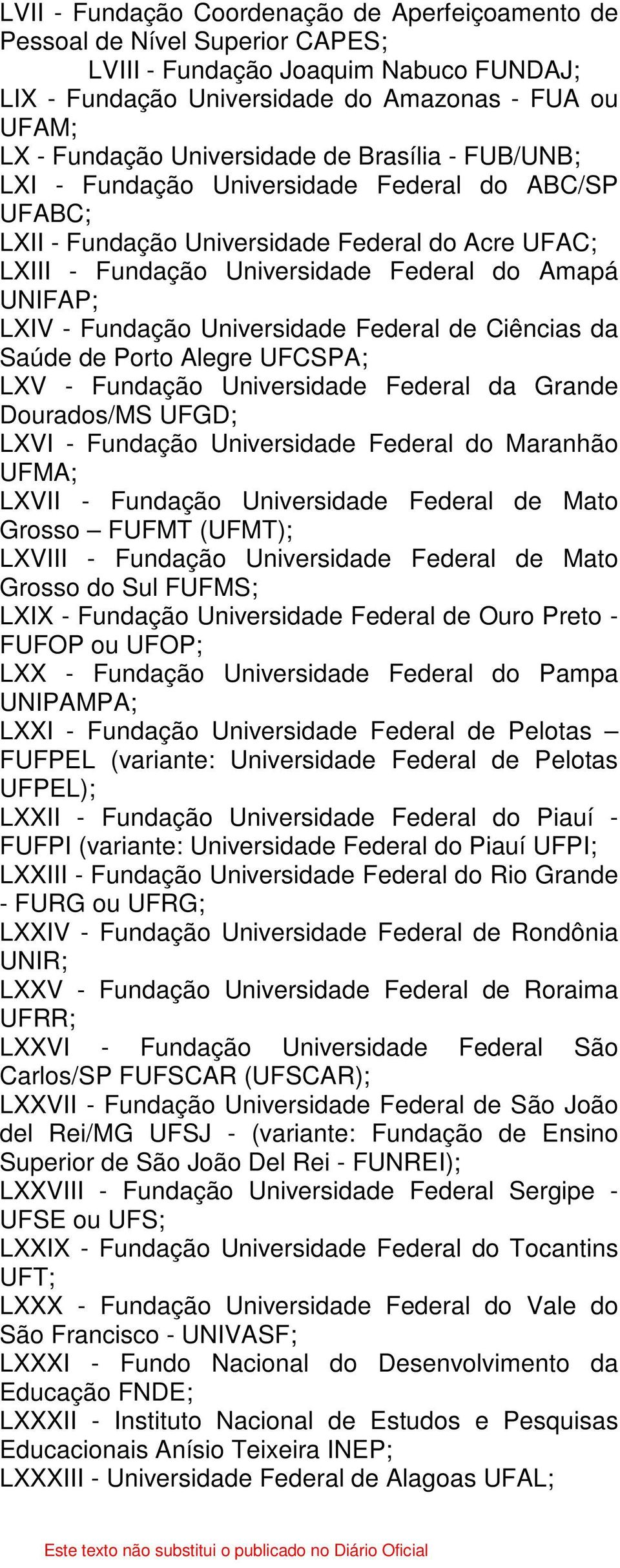 - Fundação Universidade Federal de Ciências da Saúde de Porto Alegre UFCSPA; LXV - Fundação Universidade Federal da Grande Dourados/MS UFGD; LXVI - Fundação Universidade Federal do Maranhão UFMA;