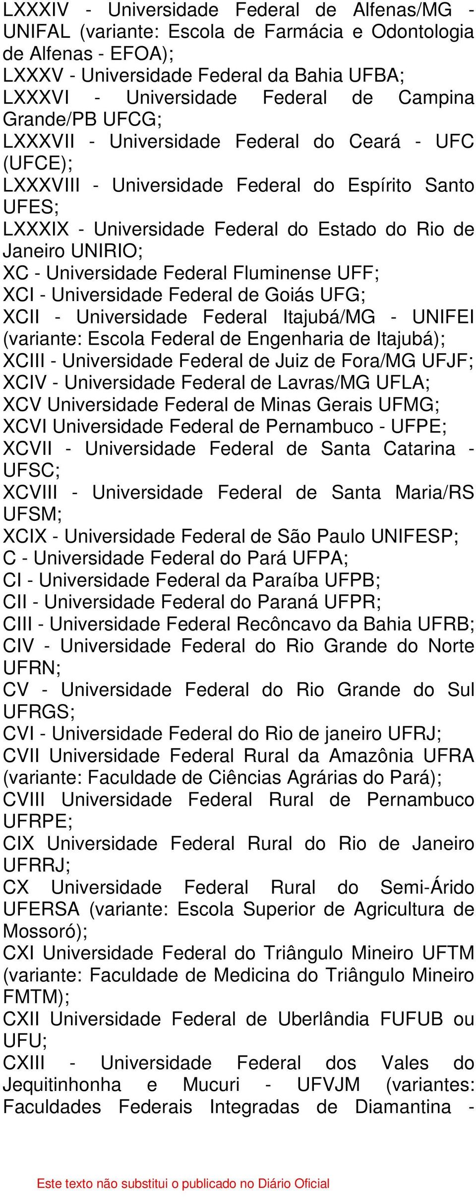 XC - Universidade Federal Fluminense UFF; XCI - Universidade Federal de Goiás UFG; XCII - Universidade Federal Itajubá/MG - UNIFEI (variante: Escola Federal de Engenharia de Itajubá); XCIII -