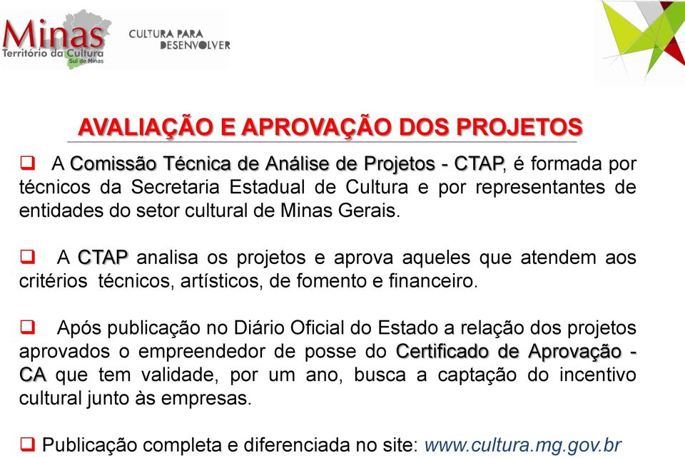 A CTAP analisa os projetos e aprova aqueles que atendem aos critérios técnicos, artísticos, de fomento e financeiro.