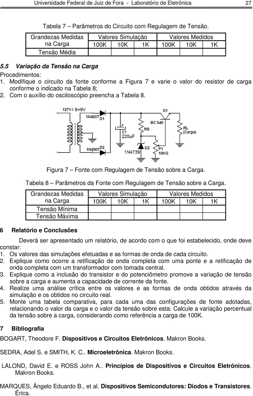 Figura 7 Fonte com Regulagem de Tensão sobre a Carga. Tabela 8 Parâmetros da Fonte com Regulagem de Tensão sobre a Carga.