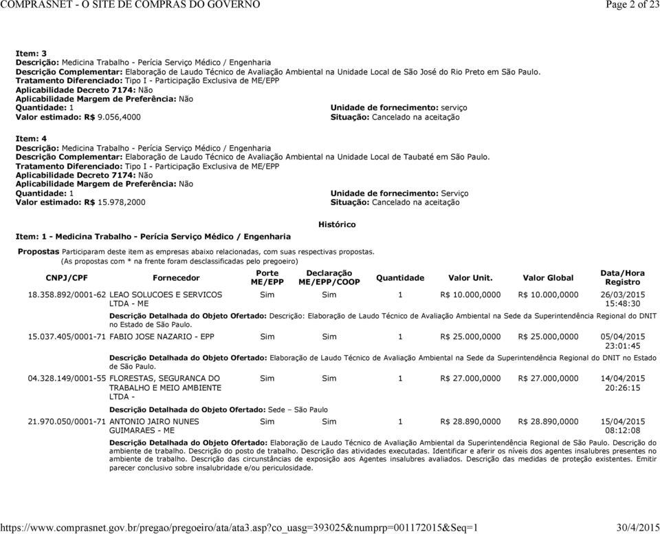 Tratamento Diferenciado: Tipo I - Participação Exclusiva de ME/EPP Aplicabilidade Decreto 7174: Não Aplicabilidade Margem de Preferência: Não Quantidade: 1 Unidade de fornecimento: serviço Valor