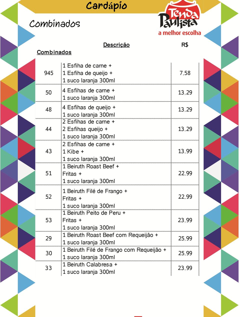 52 1 Beiruth Filé de Frango + Fritas + 1 Beiruth Peito de Peru + Fritas + 1 Beiruth Roast Beef com Requeijão + 1