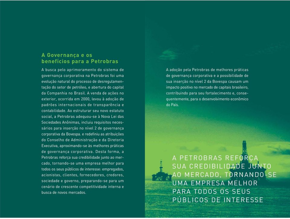 Ao estruturar seu novo estatuto social, a Petrobras adequou-se à Nova Lei das Sociedades Anônimas, incluiu requisitos necessários para inserção no nível 2 de governança corporativa da Bovespa.