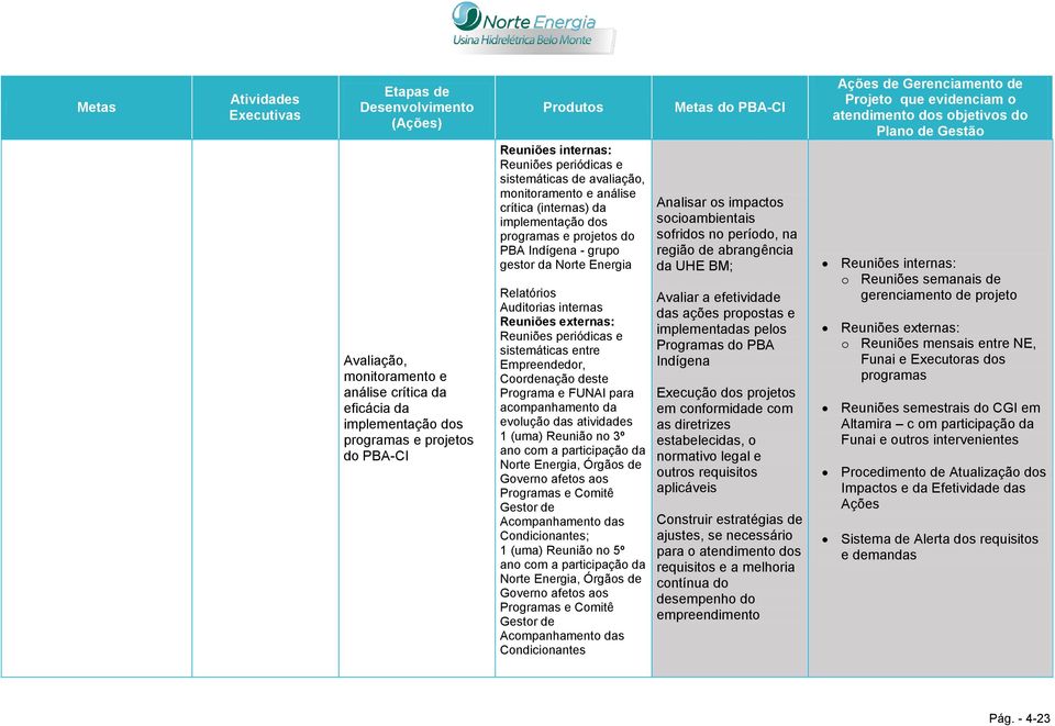 Empreendedor, Coordenação deste Programa e FUNAI para acompanhamento da evolução das atividades 1 (uma) Reunião no 3º ano com a participação da Norte Energia, Órgãos de Governo afetos aos Programas e