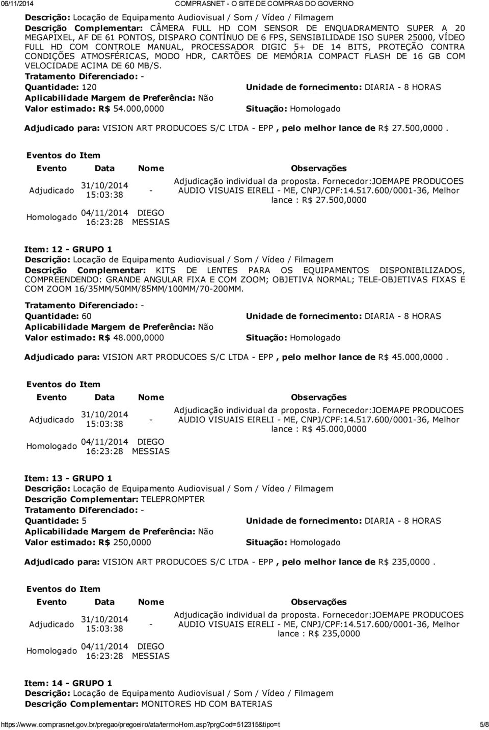 DE 60 MB/S. Quantidade: 120 Valor estimado: R$ 54.000,0000 Adjudicado para: VISION ART PRODUCOES S/C LTDA EPP, pelo melhor lance de R$ 27.500,0000. lance : R$ 27.