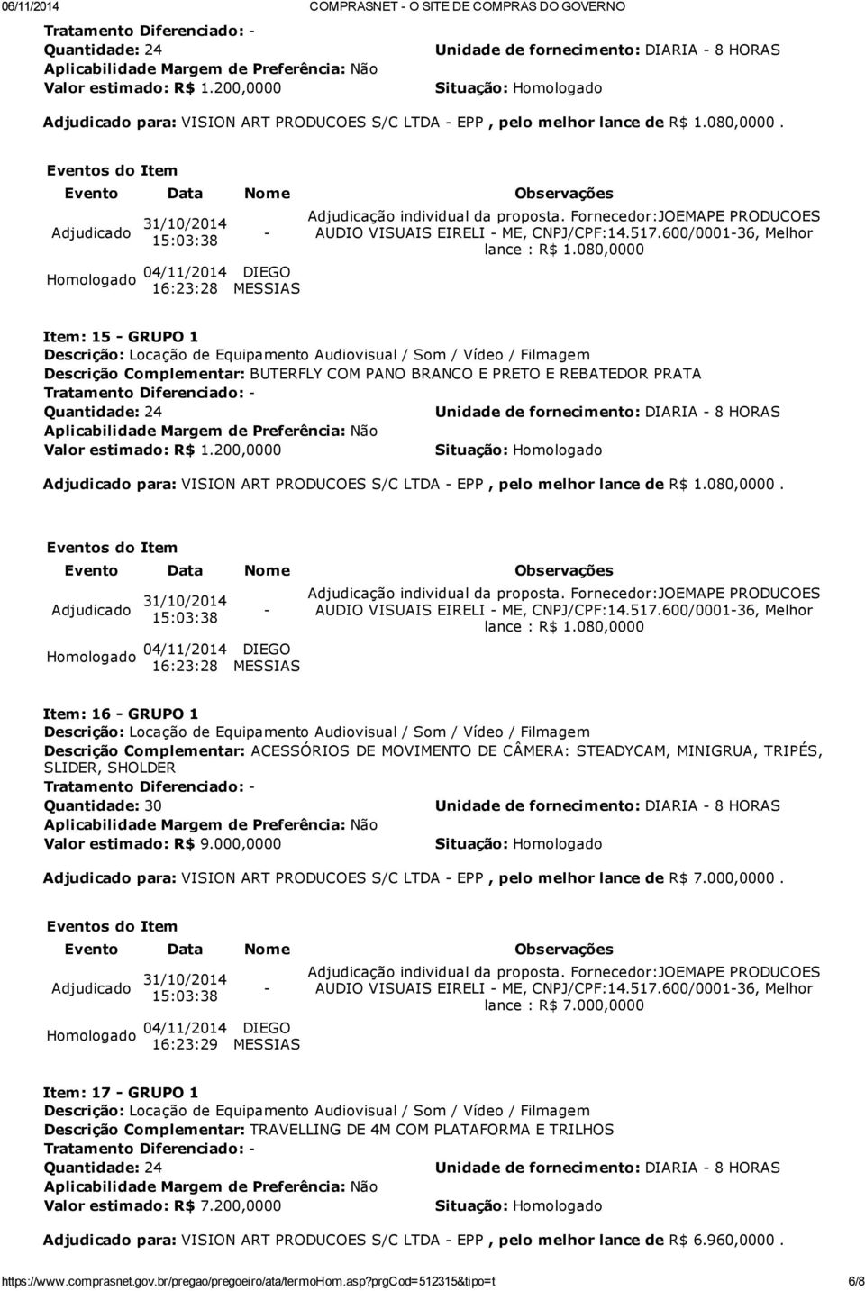 080,0000. lance : R$ 1.080,0000 Item: 16 GRUPO 1 Descrição Complementar: ACESSÓRIOS DE MOVIMENTO DE CÂMERA: STEADYCAM, MINIGRUA, TRIPÉS, SLIDER, SHOLDER Quantidade: 30 Valor estimado: R$ 9.