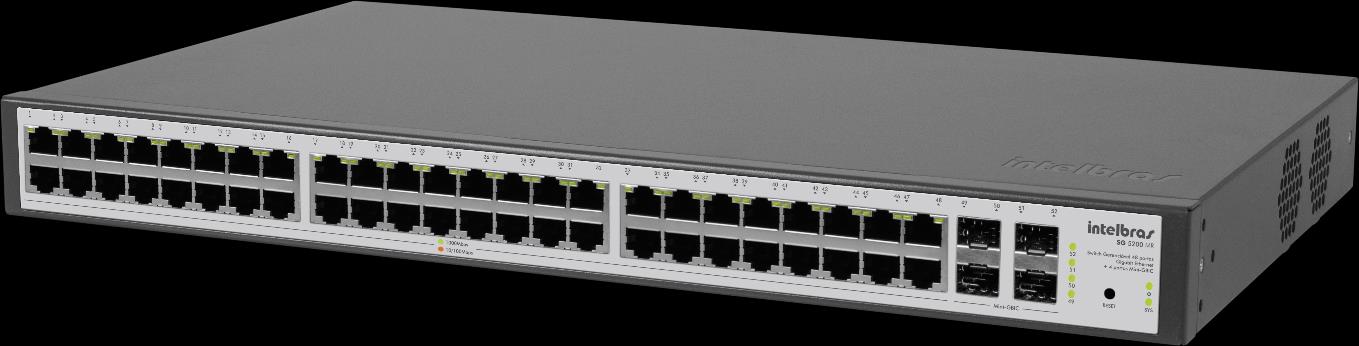 SG 5200 MR Switches Switch gerenciável 48 portas Gigabit Ethernet + 4 portas Mini-GBIC» 512 VLANs ativas e 4000 VLANs IDs» Spanning Tree, Rapid Spanning Tree e Multiple Spanning Tree» Backplane de