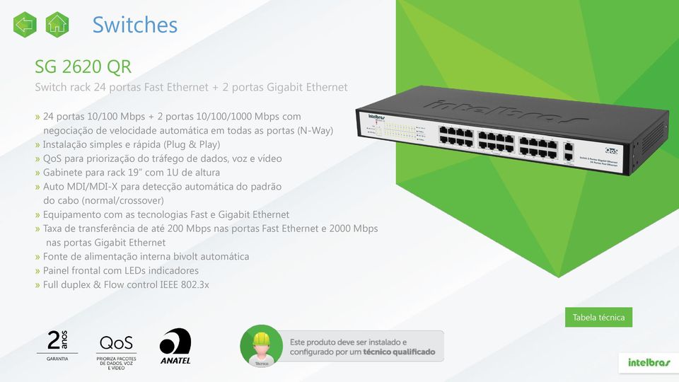 para detecção automática do padrão do cabo (normal/crossover)» Equipamento com as tecnologias Fast e Gigabit Ethernet» Taxa de transferência de até 200 Mbps nas portas Fast