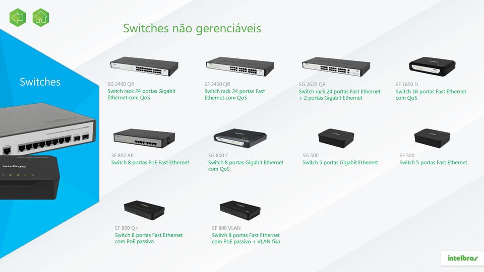 Switch 8 portas PoE Fast Ethernet SG 800 C Switch 8 portas Gigabit Ethernet com QoS SG 500 Switch 5 portas Gigabit Ethernet SF 500 Switch 5