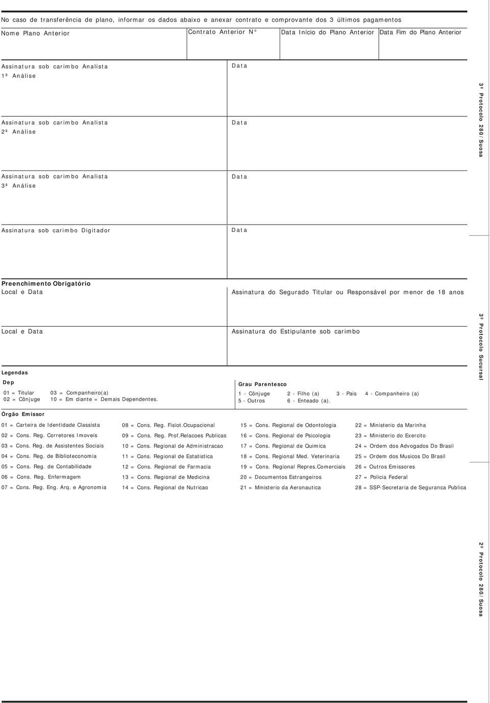 Preenchimento Obrigatório Local e Assinatura do Segurado Titular ou Responsável por menor de 18 anos Local e Legendas p 01 = Titular 03 = Companheiro(a) 02 = Cônjuge 10 = Em diante = mais pendentes.