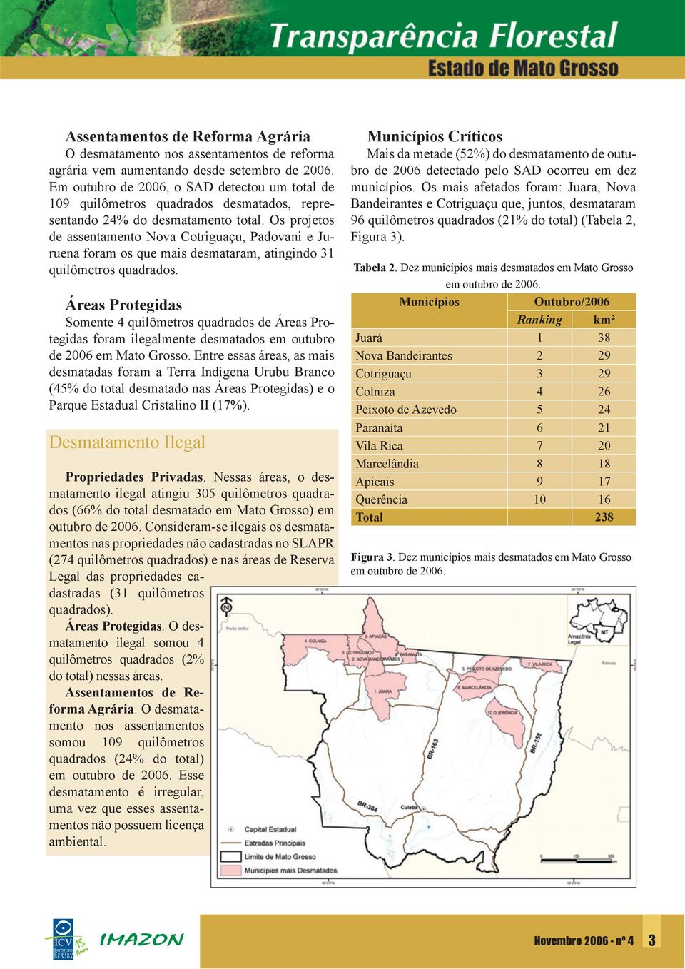 Os projetos de assentamento Nova Cotriguaçu, Padovani e Juruena foram os que mais desmataram, atingindo 31 quilômetros quadrados.