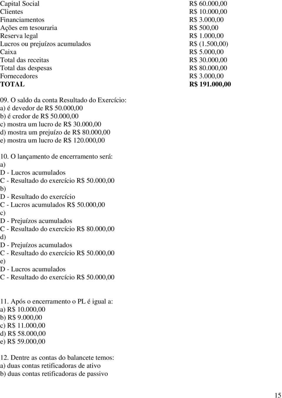 000,00 b) é credor de R$ 50.000,00 c) mostra um lucro de R$ 30.000,00 d) mostra um prejuízo de R$ 80.000,00 e) mostra um lucro de R$ 120.000,00 10.