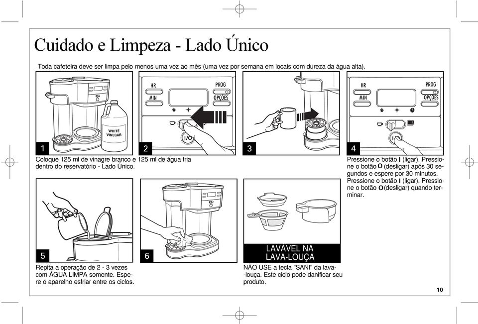 Coloque 125 ml de vinagre branco e 125 ml de água fria dentro do reservatório - Lado Único. 5 Repita a operação de 2-3 vezes com ÁGUA LIMPA somente.