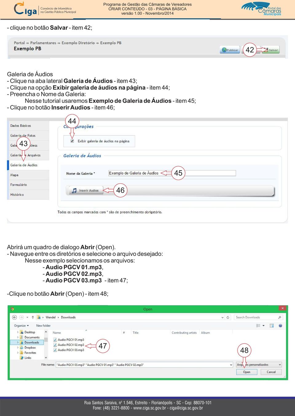 Inserir Audios - item 46; 44 43 46 45 Abrirá um quadro de dialogo Abrir (Open).