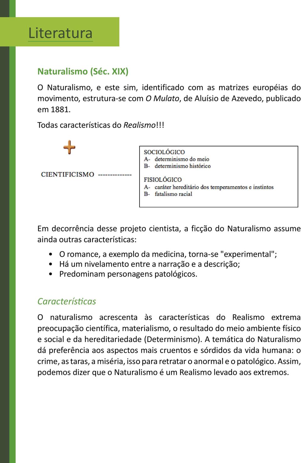 !! Em decorrência desse projeto cientista, a ficção do Naturalismo assume ainda outras características: O romance, a exemplo da medicina, torna-se "experimental"; Há um nivelamento entre a narração e