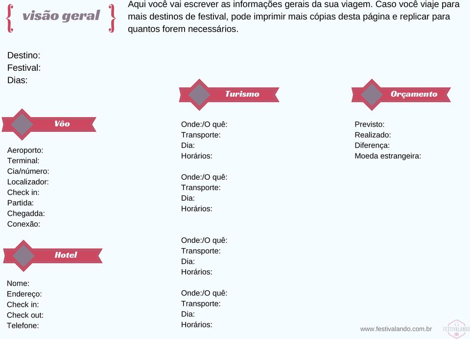 Destino: Festival: Dias: Turismo Orçamento Aeroporto: Terminal: Cia/número: Localizador: Check in: Partida: Chegadda: Conexão: Vôo Onde:/O quê: