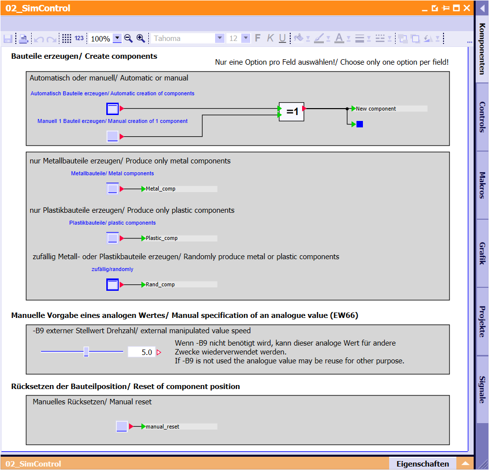 Simulação 020-100 Descrição do processo do sistema de classificação Simulação SIMIT 02_SimControl serve para algumas configurações da simulação Áreas superiores: Criar os componentes Criação