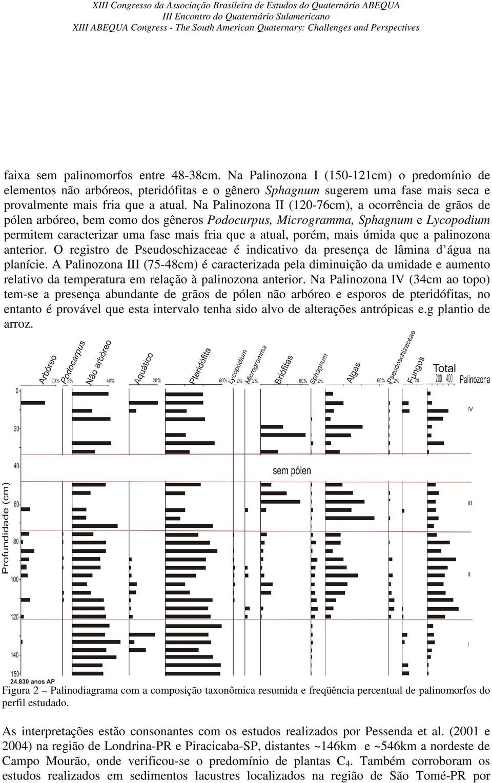 Na Palinozona II (120-76cm), a ocorrência de grãos de pólen arbóreo, bem como dos gêneros Podocurpus, Microgramma, Sphagnum e Lycopodium permitem caracterizar uma fase mais fria que a atual, porém,