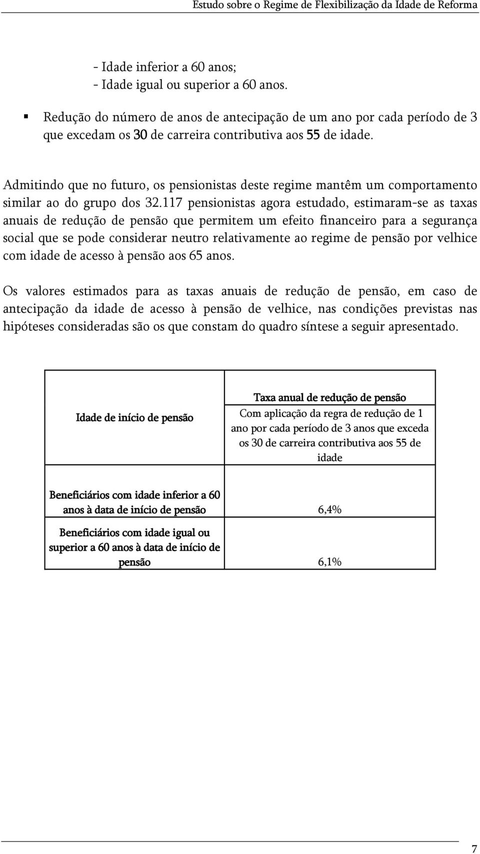 117 pensionistas agora estudado, estimaram-se as taxas anuais de redução de pensão que permitem um efeito financeiro para a segurança social que se pode considerar neutro relativamente ao regime de