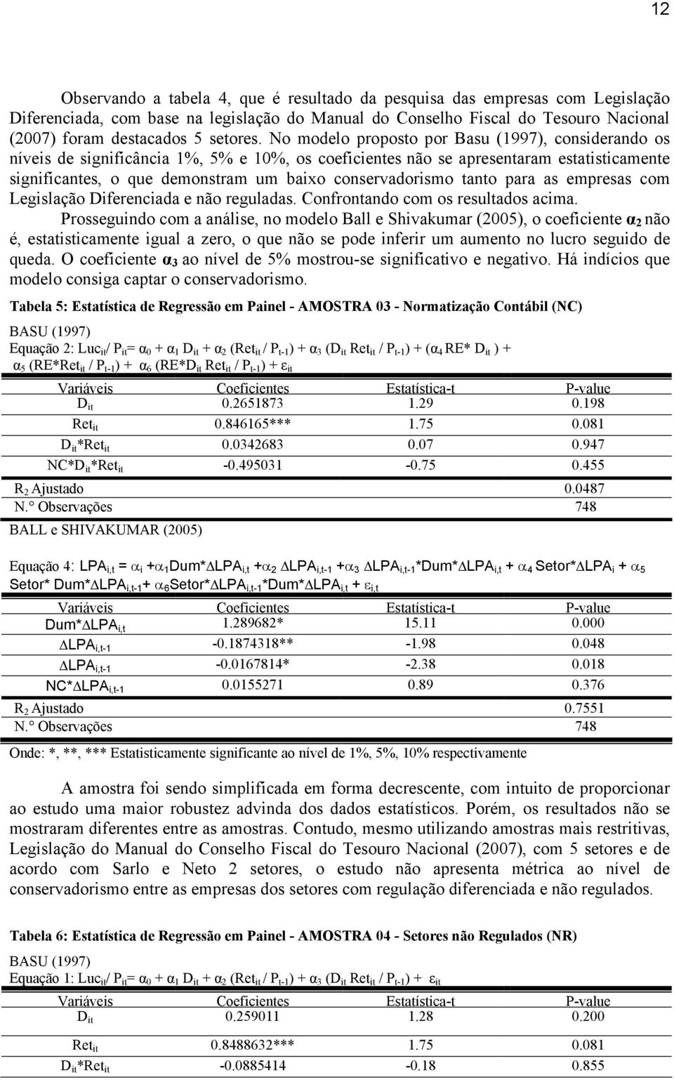 No modelo proposto por Basu (1997), considerando os níveis de significância 1%, 5% e 10%, os coeficientes não se apresentaram estatisticamente significantes, o que demonstram um baixo conservadorismo