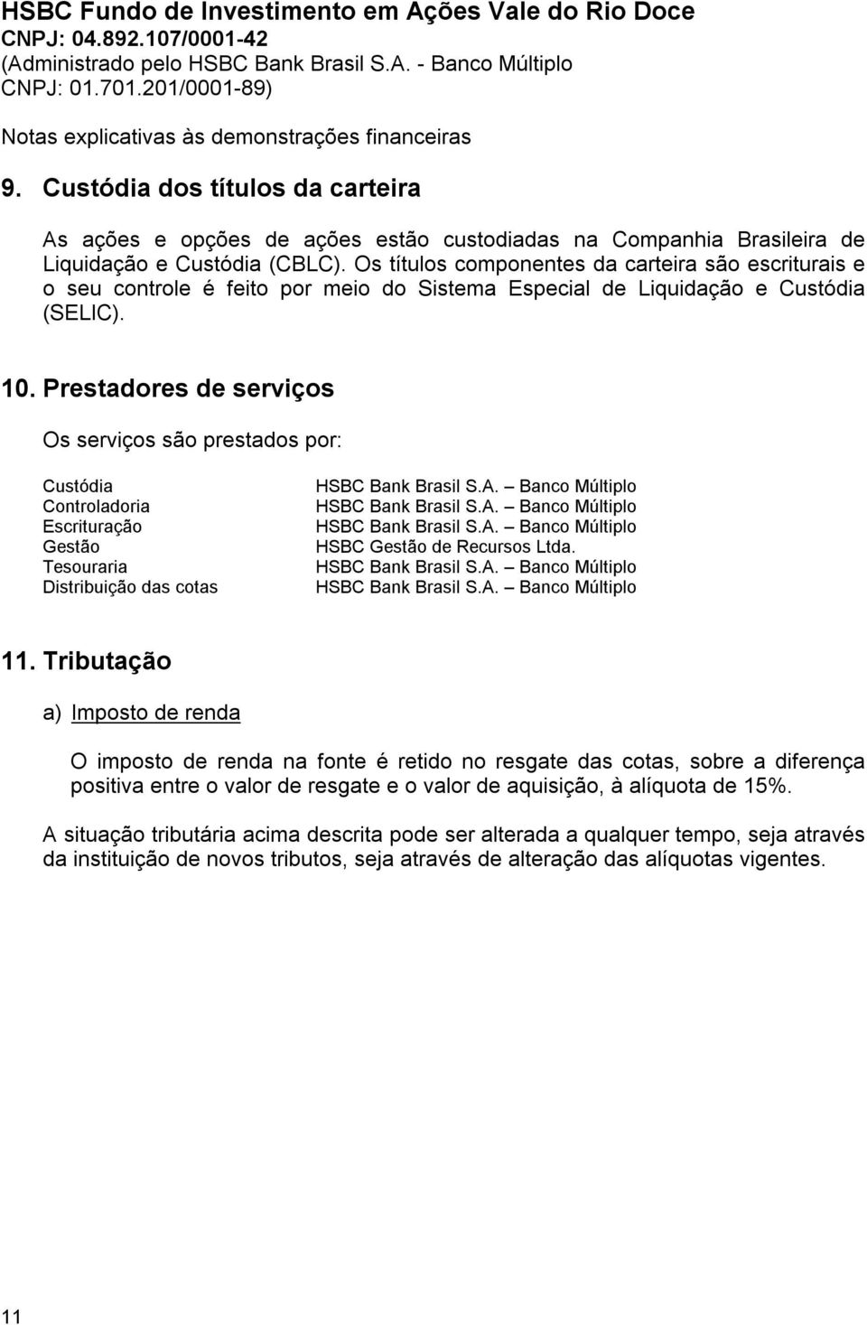 Prestadores de serviços Os serviços são prestados por: Custódia Controladoria Escrituração Gestão Tesouraria Distribuição das cotas HSBC Bank Brasil S.A. Banco Múltiplo HSBC Bank Brasil S.A. Banco Múltiplo HSBC Bank Brasil S.A. Banco Múltiplo HSBC Gestão de Recursos Ltda.