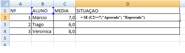 a) Elabore a planilha abaixo e salve como exercicio8 em portfólio. Atividade 9 Planilha de notas com situação final do aluno.