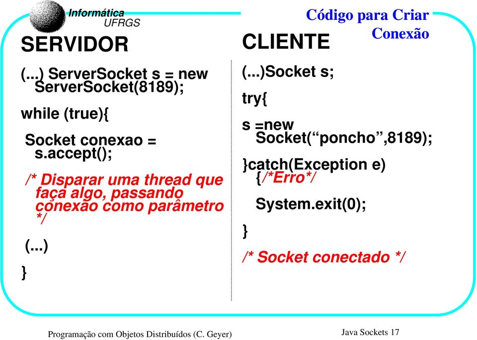 ..)Socket s; try{ Código para Criar Conexão s =new Socket( poncho,8189); }catch(exception e)