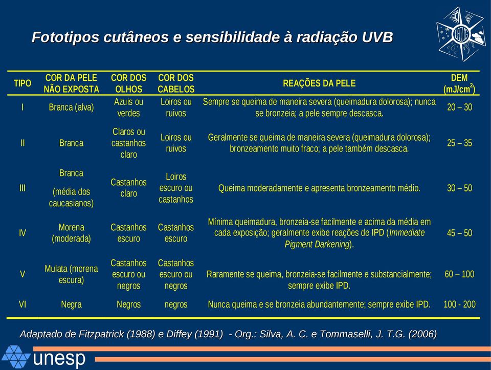 Claros ou castanhos claro Loiros ou ruivos Geralmente se queima de maneira severa (queimadura dolorosa); bronzeamento muito fraco; a pele também descasca.