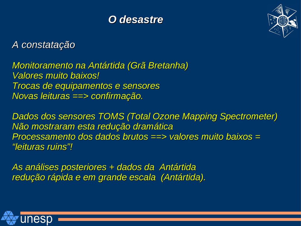 Dados dos sensores TOMS (Total Ozone Mapping Spectrometer) Não mostraram esta redução dramática