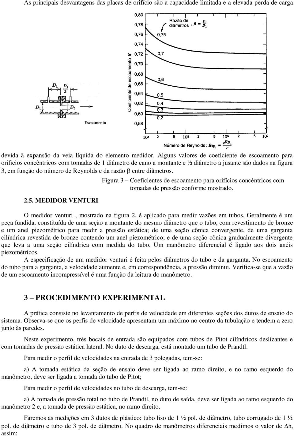 razão entre diâmetros..5. MEDIDOR VENTURI Figura 3 Coeficientes de escoamento para orifícios concêntricos com tomadas de pressão conforme mostrado.