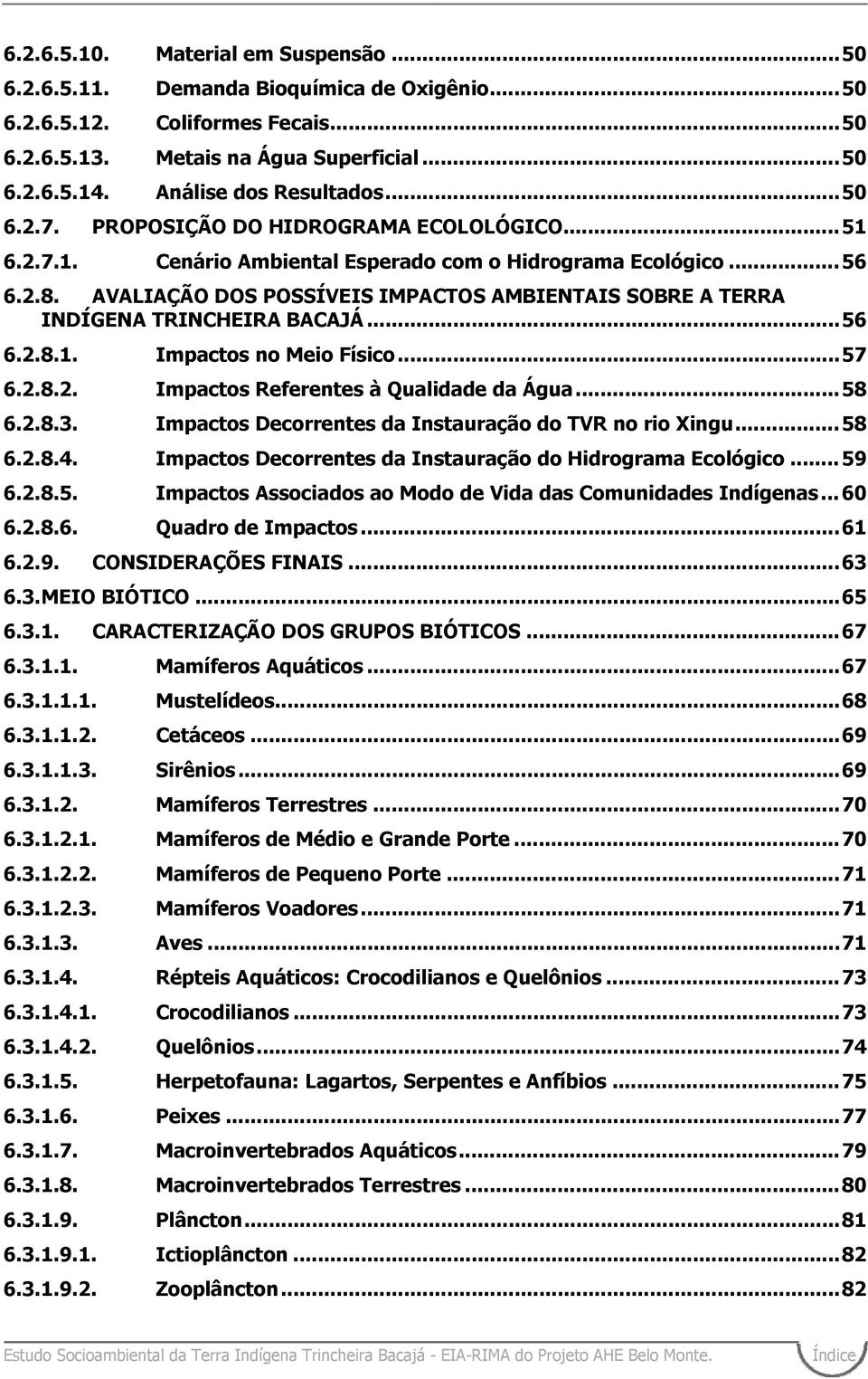 AVALIAÇÃO DOS POSSÍVEIS IMPACTOS AMBIENTAIS SOBRE A TERRA INDÍGENA TRINCHEIRA BACAJÁ...56 6.2.8.1. Impactos no Meio Físico...57 6.2.8.2. Impactos Referentes à Qualidade da Água...58 6.2.8.3.