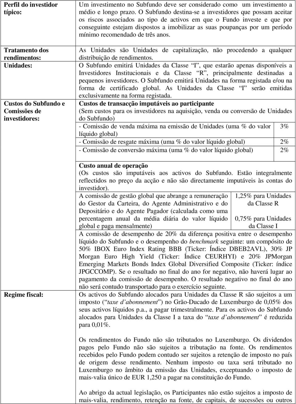 O Subfundo destina-se a investidores que possam aceitar os riscos associados ao tipo de activos em que o Fundo investe e que por conseguinte estejam dispostos a imobilizar as suas poupanças por um