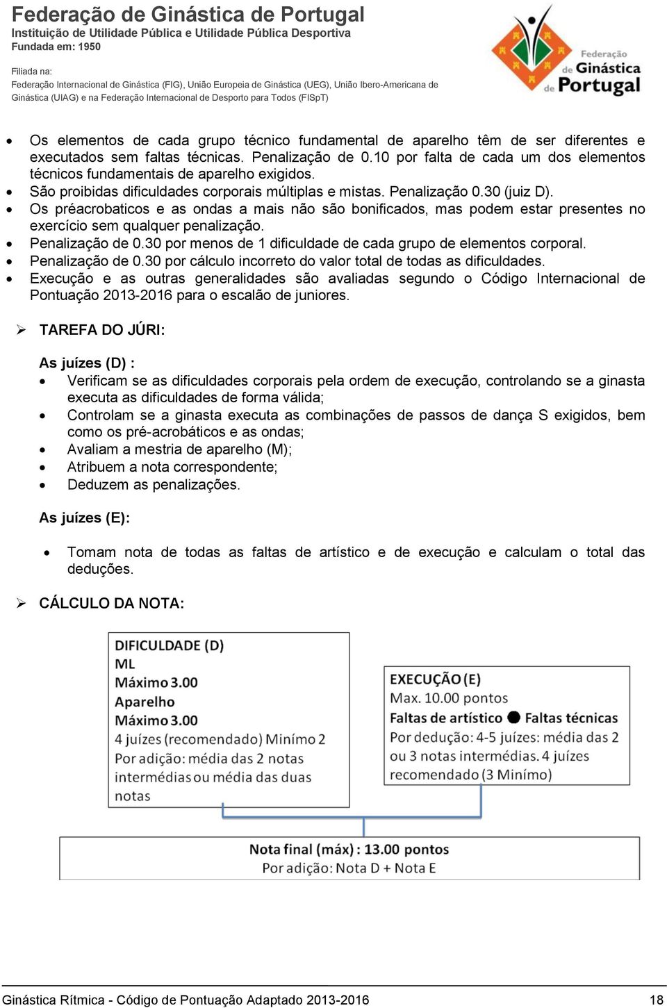 Os préacrobaticos e as ondas a mais não são bonificados, mas podem estar presentes no exercício sem qualquer penalização. Penalização de 0.