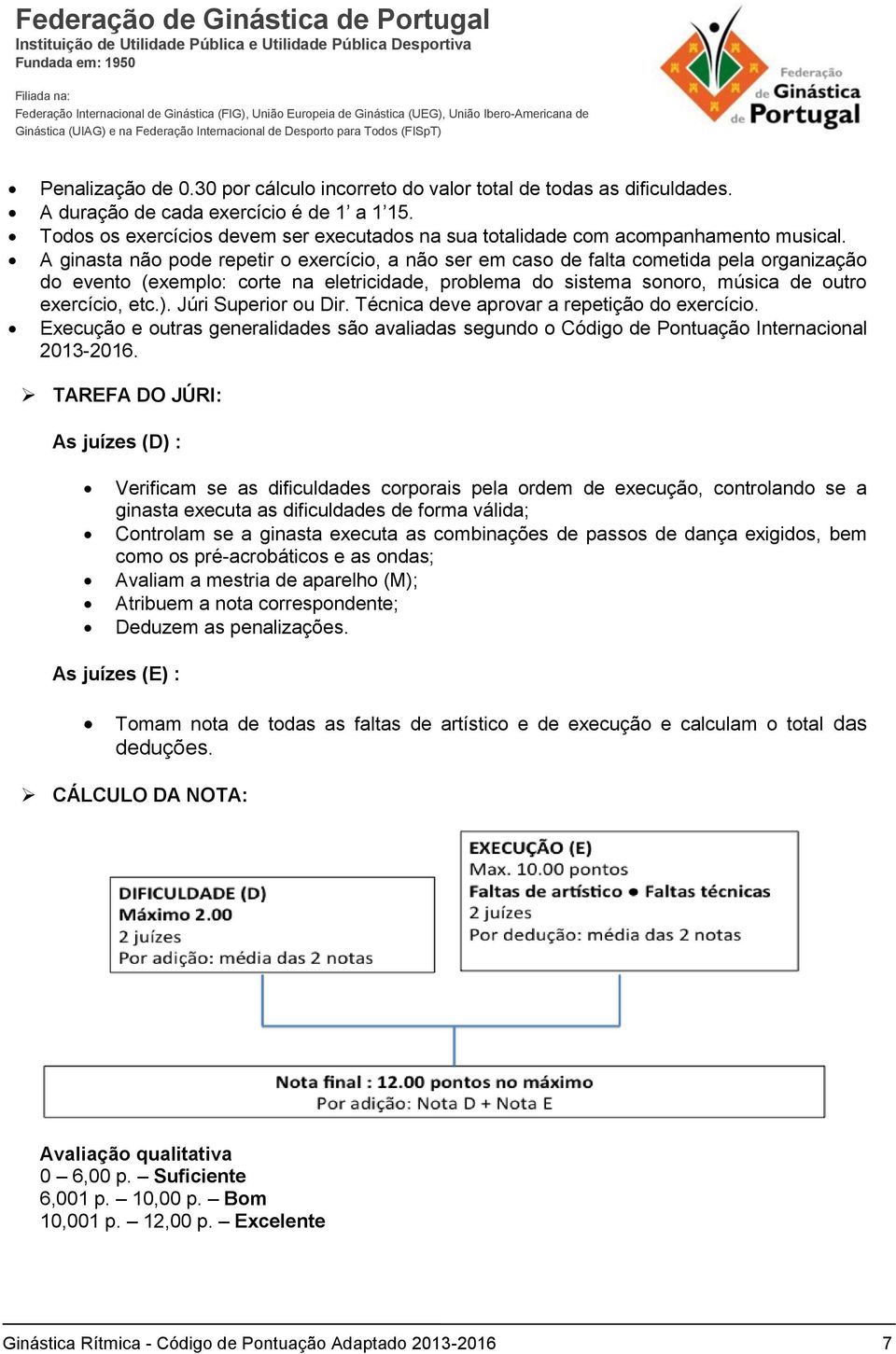 A ginasta não pode repetir o exercício, a não ser em caso de falta cometida pela organização do evento (exemplo: corte na eletricidade, problema do sistema sonoro, música de outro exercício, etc.).