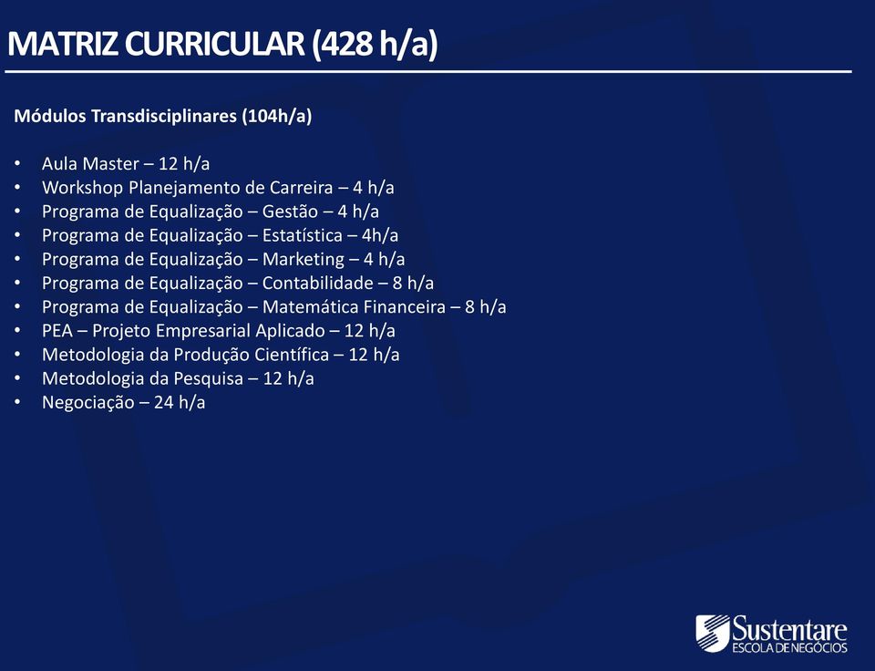 Marketing 4 h/a Programa de Equalização Contabilidade 8 h/a Programa de Equalização Matemática Financeira 8 h/a PEA