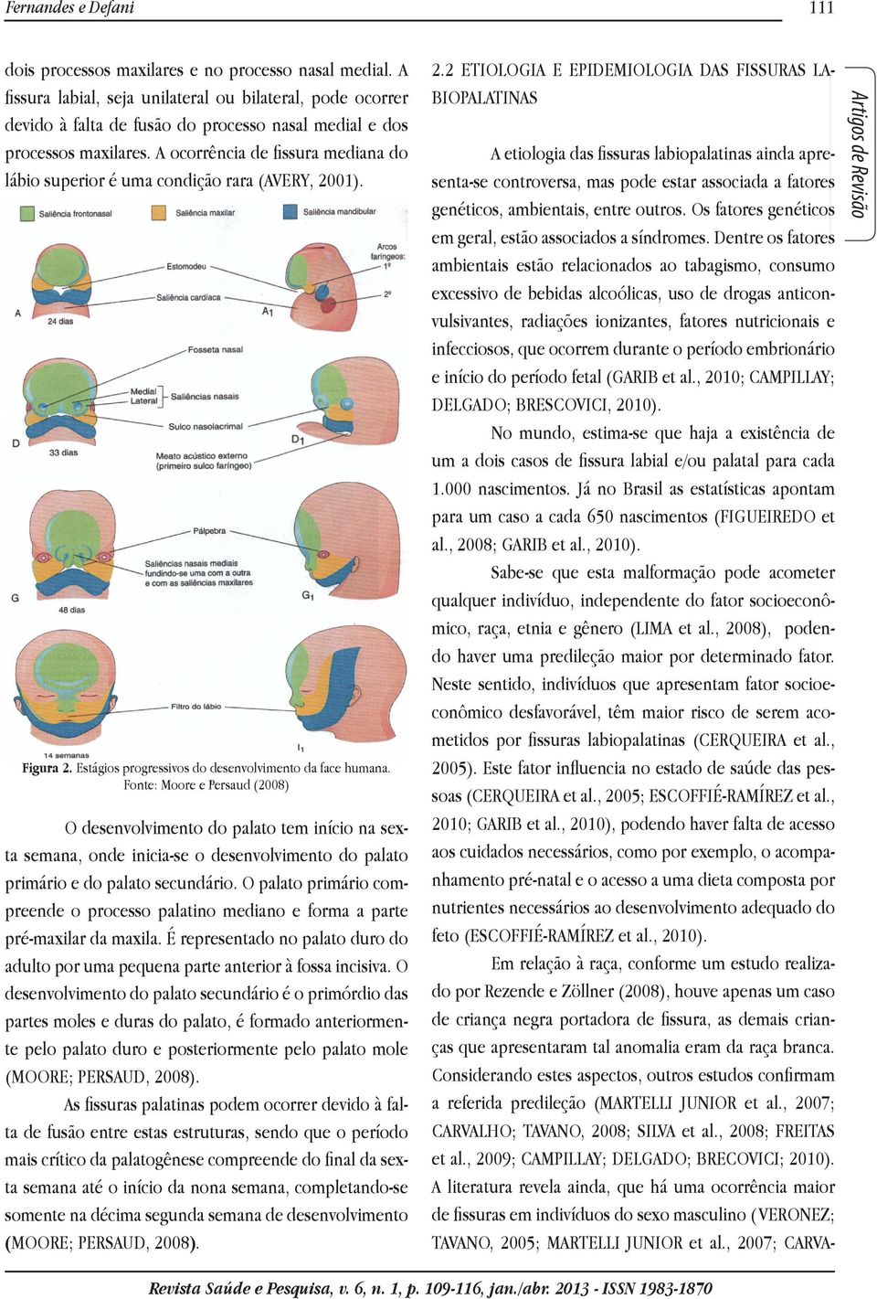 A ocorrência de fissura mediana do lábio superior é uma condição rara (AVERY, 2001). Figura 2. Estágios progressivos do desenvolvimento da face humana.