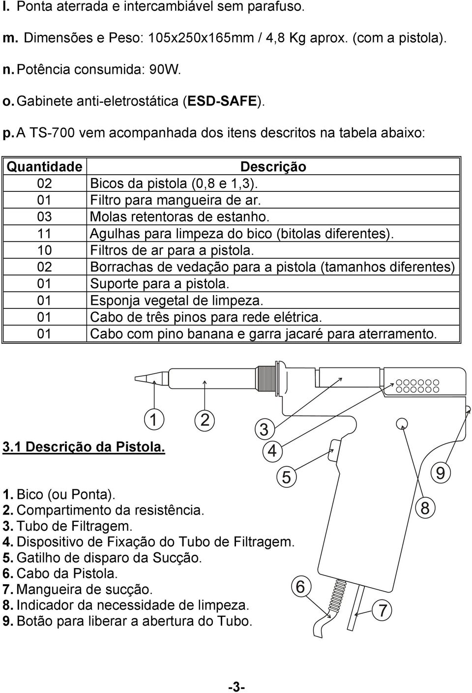 02 Borrachas de vedação para a pistola (tamanhos diferentes) 01 Suporte para a pistola. 01 Esponja vegetal de limpeza. 01 Cabo de três pinos para rede elétrica.